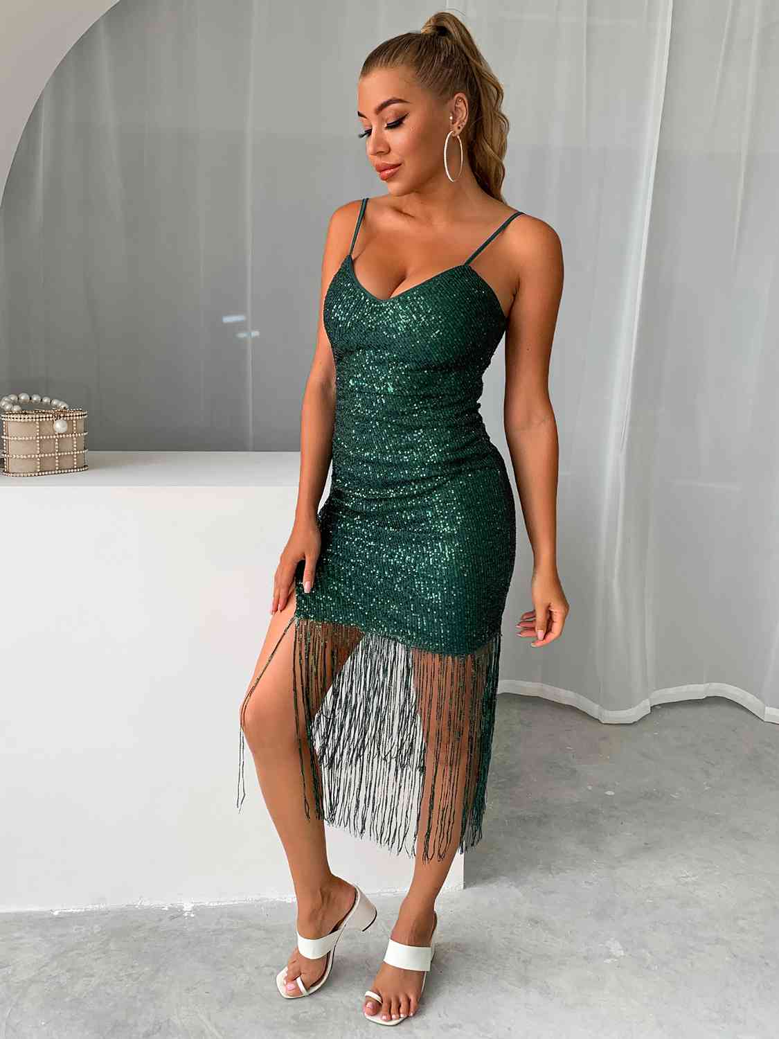 Sequin Fringe Spaghetti Strap Dress - SELFTRITSS   