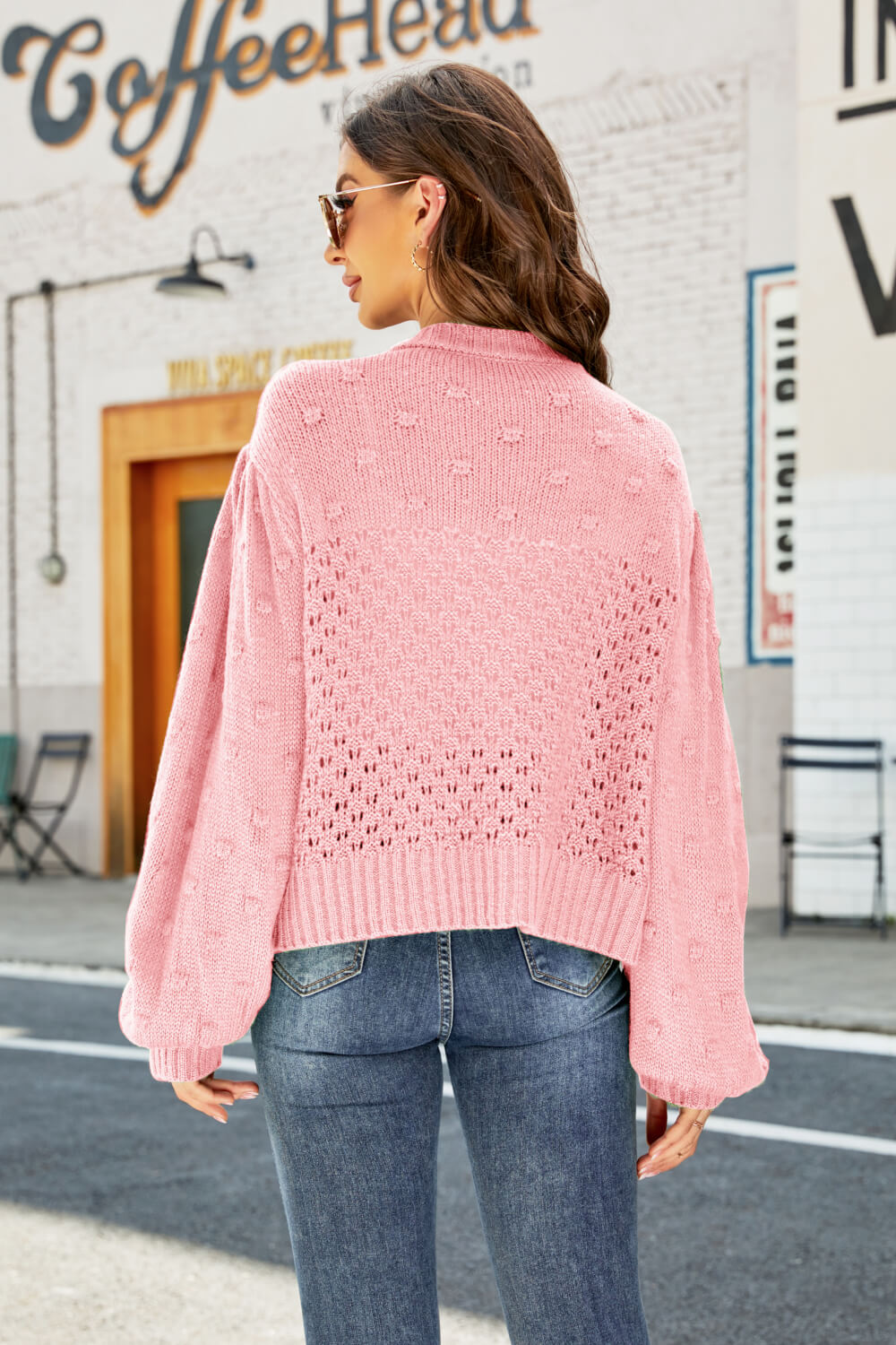 Woven Right Openwork Pompom Puff Sleeve Cardigan - SELFTRITSS