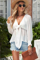 Striped Deep V Bow Detail Babydoll Top - SELFTRITSS