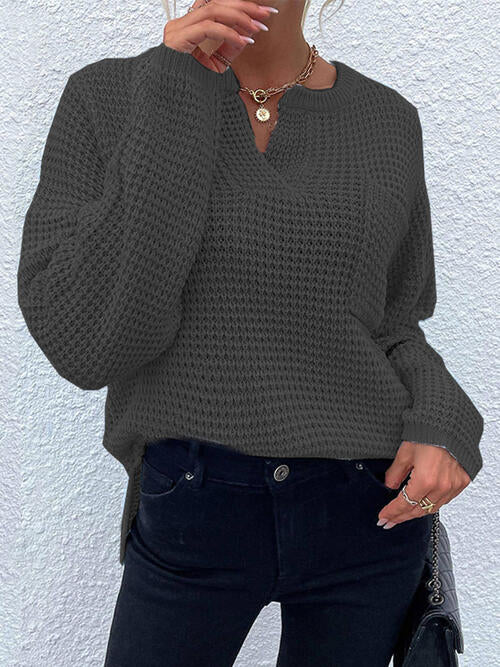 Notched Long Sleeve Sweater - SELFTRITSS   