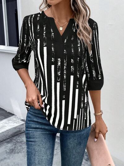 Striped Notched Half Sleeve Blouse - SELFTRITSS   