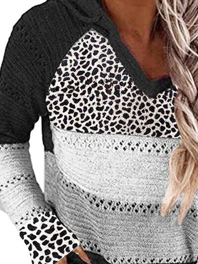 Full Size Openwork Leopard Drawstring Hooded Sweater - SELFTRITSS