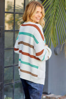 Striped Open Front Dropped Shoulder Cardigan - SELFTRITSS