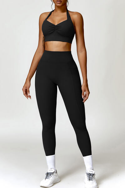 Ruched Halter Neck Bra and Pocketed Leggings Active Set - SELFTRITSS