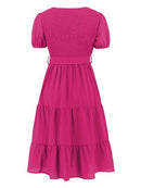 Smocked Tie Front Short Sleeve Tiered Dress - SELFTRITSS