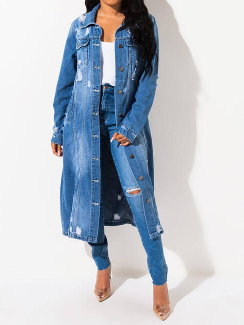 Long Sleeve Raw Hem Denim Jacket - SELFTRITSS