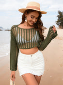 Openwork Boat Neck Long Sleeve Cover-Up - SELFTRITSS   