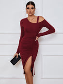 Ribbed Ruched Drawstring Wrap Dress - SELFTRITSS