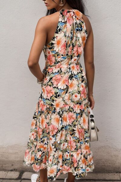 Printed Tiered Pocketed Mock Neck Midi Dress - SELFTRITSS