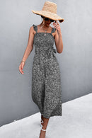 Printed Ruffle Strap Smocked Belted Jumpsuit - SELFTRITSS