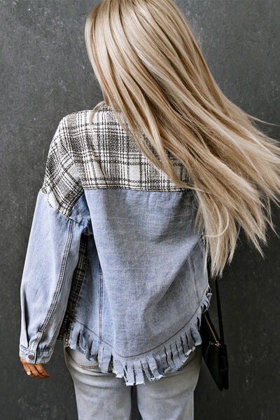 Plaid Pocketed Snap Down Denim Jacket - SELFTRITSS