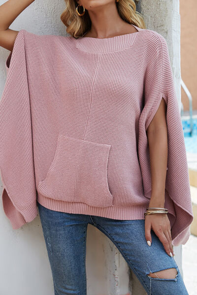 Waffle-Knit Pocketed Cape Sleeve Sweater - SELFTRITSS