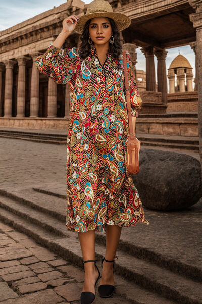 Printed Surplice Lantern Sleeve Midi Dress - SELFTRITSS