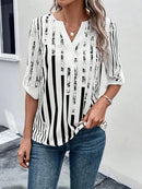 Striped Notched Half Sleeve Blouse - SELFTRITSS   