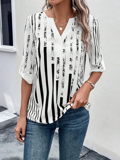 Striped Notched Half Sleeve Blouse - SELFTRITSS   