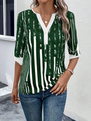 Striped Notched Half Sleeve Blouse - SELFTRITSS   