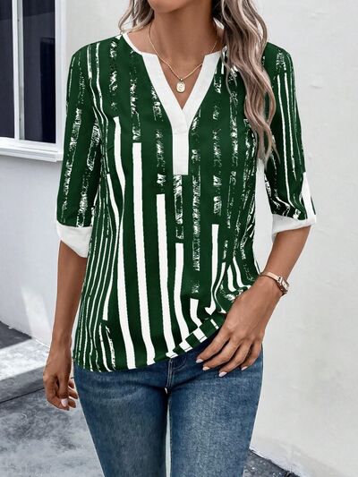 Striped Notched Half Sleeve Blouse - SELFTRITSS   