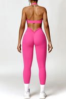 Ruched Halter Neck Bra and Pocketed Leggings Active Set - SELFTRITSS