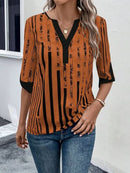 Striped Notched Half Sleeve Blouse - SELFTRITSS   