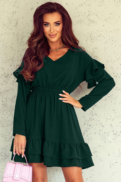 Ruffled V-Neck Dropped Shoulder Mini Dress - SELFTRITSS