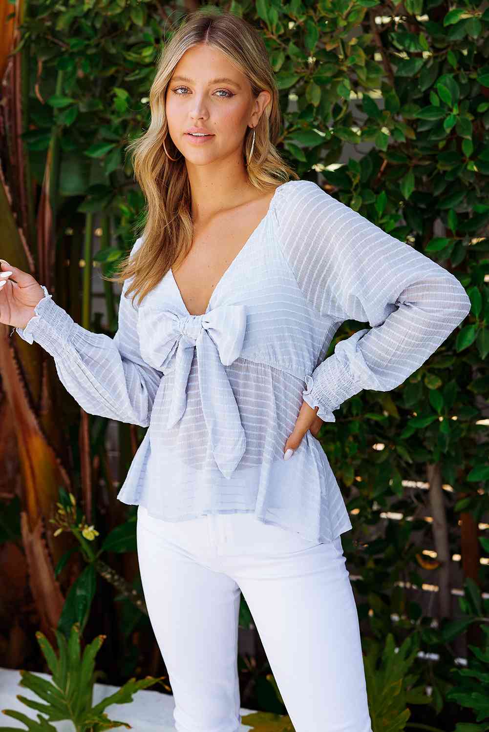 Striped Deep V Bow Detail Babydoll Top - SELFTRITSS