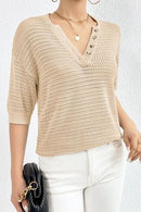 Openwork Half Button Dropped Shoulder Knit Top - SELFTRITSS