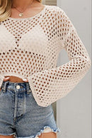 Openwork Round Neck Dropped Shoulder Knit Top - SELFTRITSS