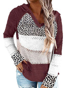 Full Size Openwork Leopard Drawstring Hooded Sweater - SELFTRITSS