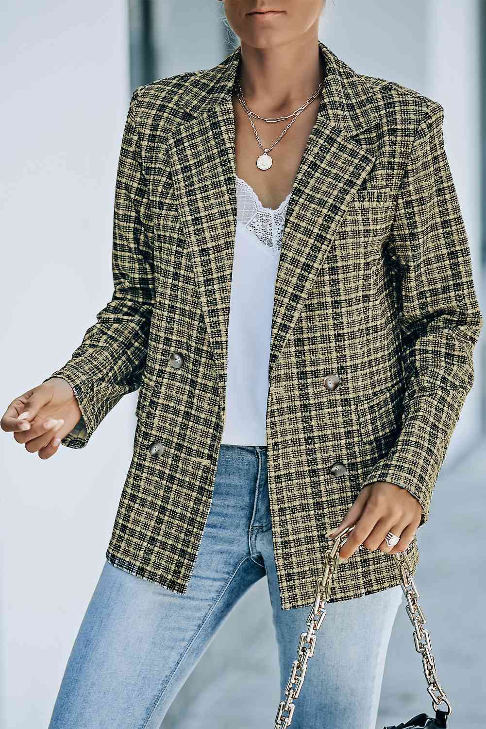 Plaid Double-Breasted Long Sleeve Blazer - SELFTRITSS