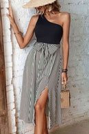 Striped One-Shoulder Slit Dress - SELFTRITSS