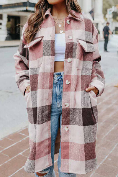 Plaid Button Up Dropped Shoulder Coat - SELFTRITSS