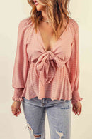 Striped Deep V Bow Detail Babydoll Top - SELFTRITSS