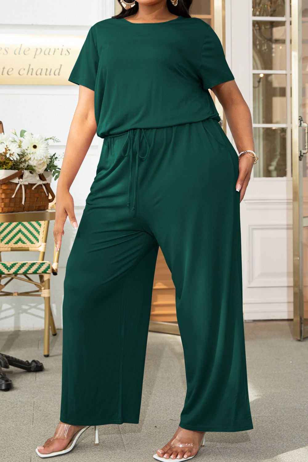 Plus Size Drawstring Waist Short Sleeve Jumpsuit - SELFTRITSS