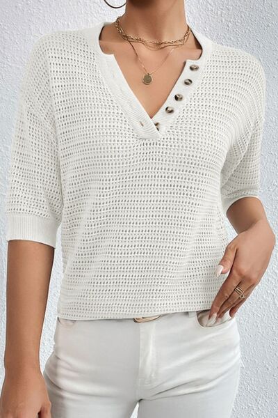 Openwork Half Button Dropped Shoulder Knit Top - SELFTRITSS