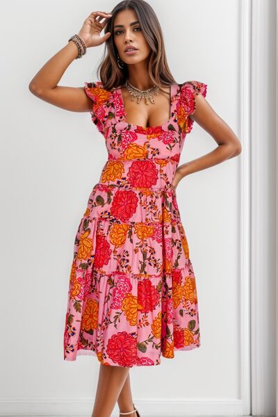 Ruffled Floral Square Neck Tiered Dress - SELFTRITSS