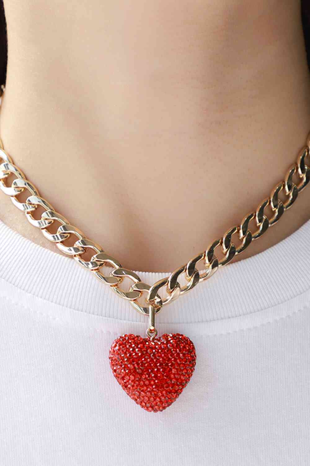 Rhinestone Heart Pendant Curb Chain Necklace - SELFTRITSS