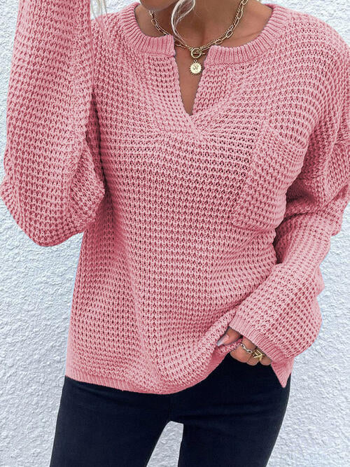 Notched Long Sleeve Sweater - SELFTRITSS   