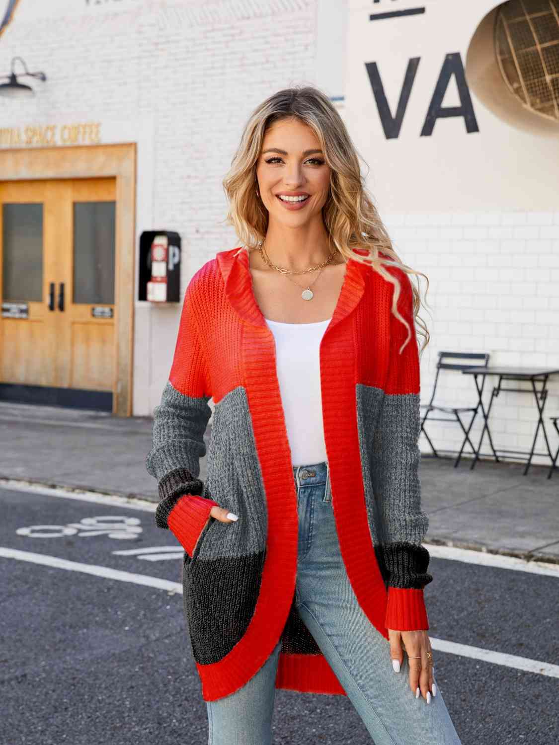 Color Block Open Front Hooded Cardigan - SELFTRITSS