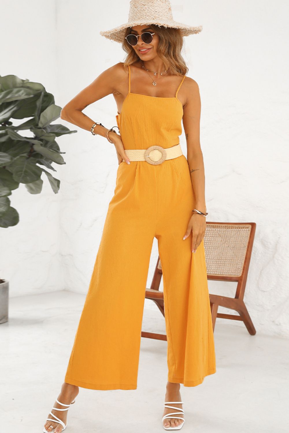 Cutout Spaghetti Strap Tie Back Wide Leg Jumpsuit - SELFTRITSS