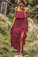 Polka Dot Strapless Slit Ruffled Maxi Dress - SELFTRITSS