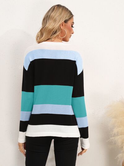 Striped Round Neck Dropped Shoulder Sweater - SELFTRITSS