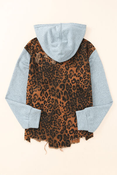 Leopard Distressed Drawstring Hooded Denim Jacket - SELFTRITSS