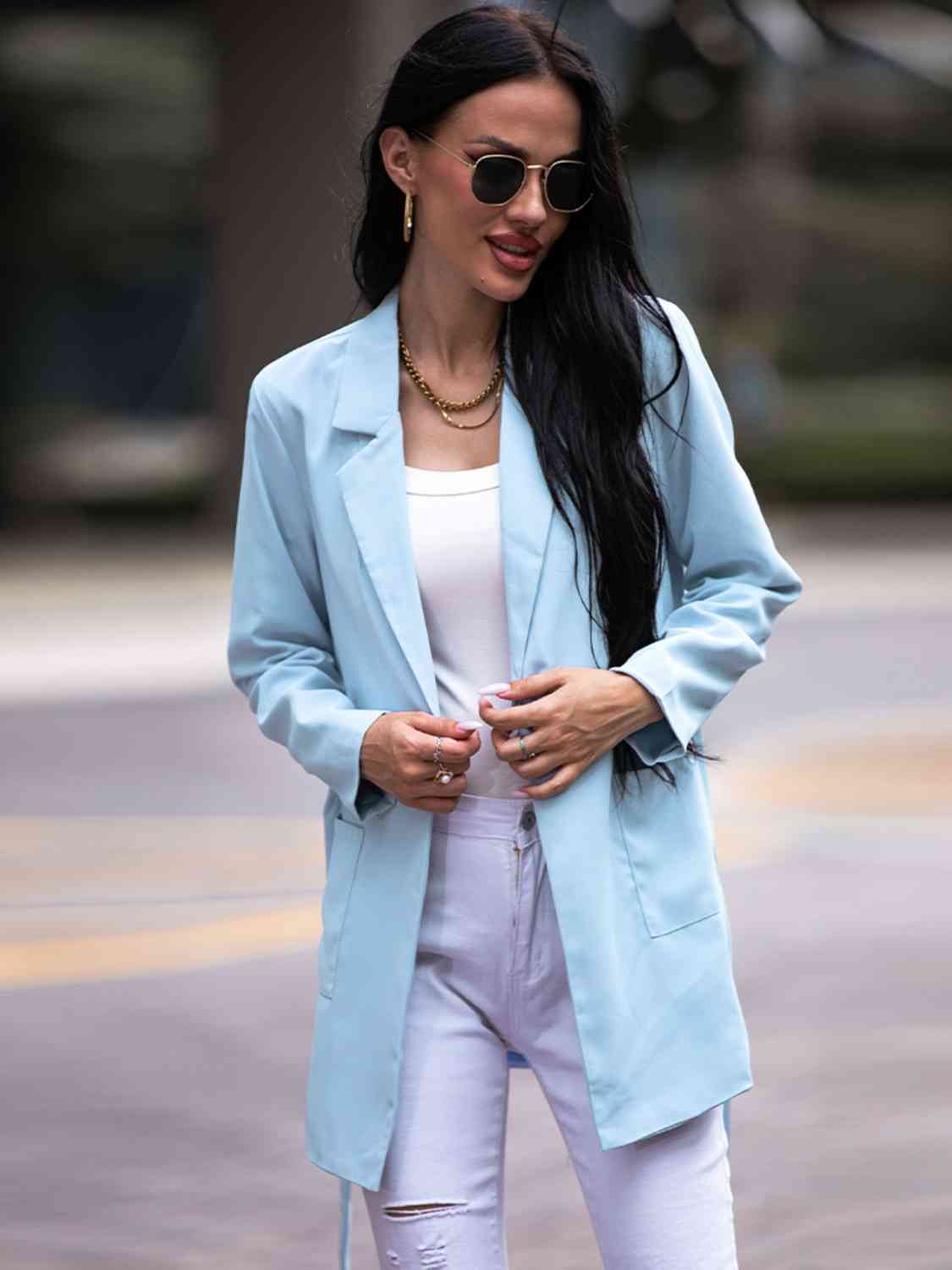 Tie Waist Long Sleeve Blazer - SELFTRITSS