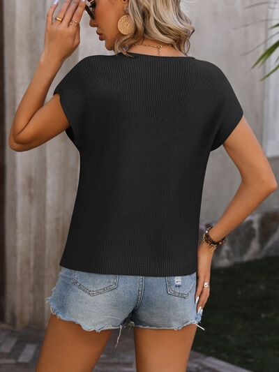 Pocketed Round Neck Cap Sleeve Sweater - SELFTRITSS