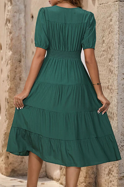 V-Neck Button Up Balloon Sleeve Midi Dress - SELFTRITSS