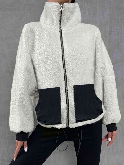 Contrast Drawstring Collared Neck Jacket - SELFTRITSS