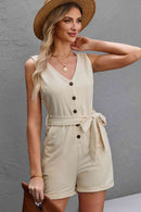 Button Front Belted Sleeveless Romper - SELFTRITSS
