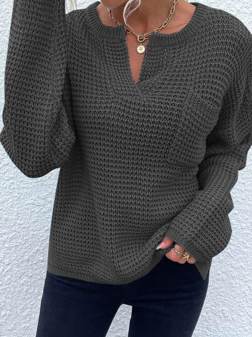 Notched Long Sleeve Sweater - SELFTRITSS   