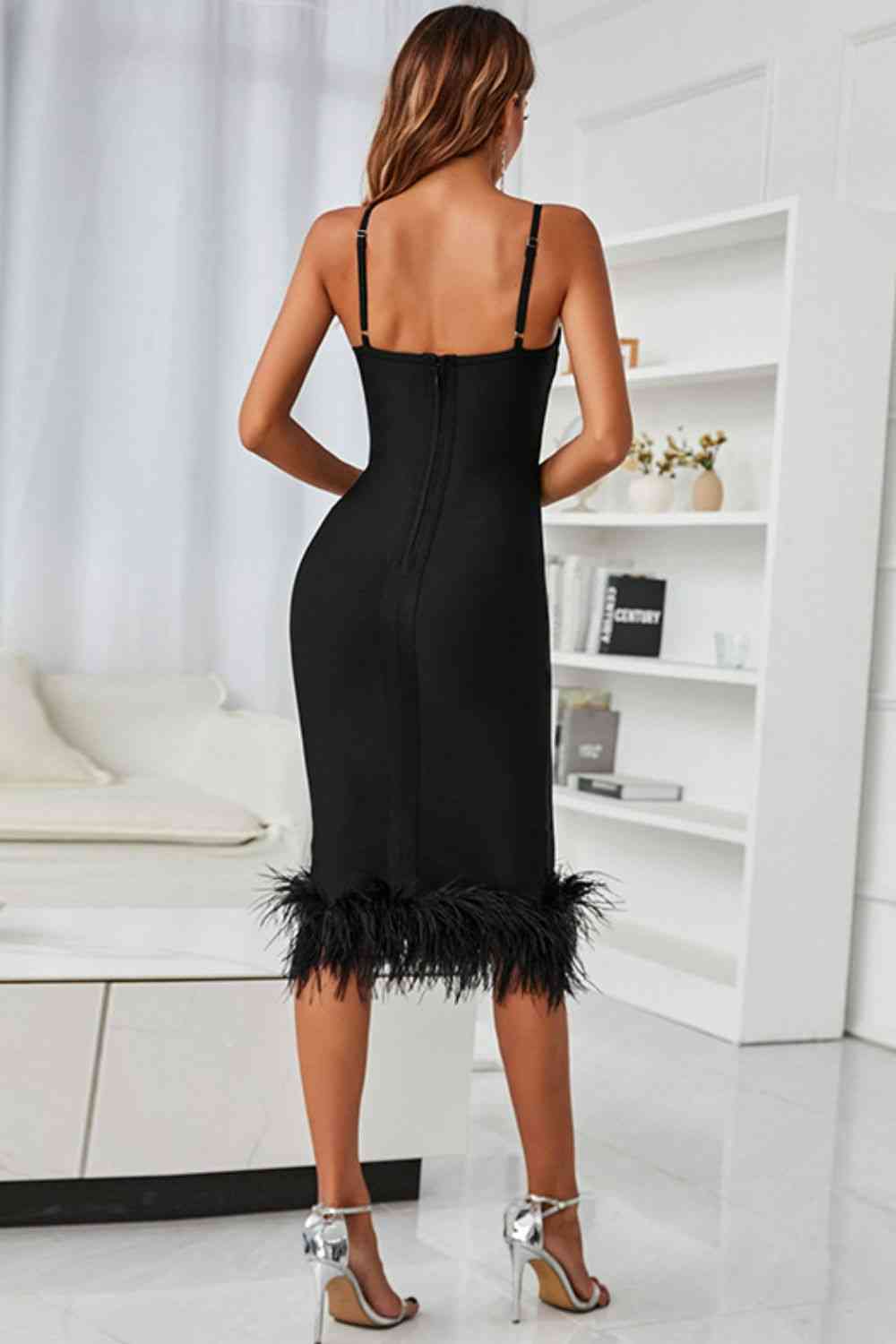 Spaghetti Strap Feather Trim Bodycon Dress - SELFTRITSS