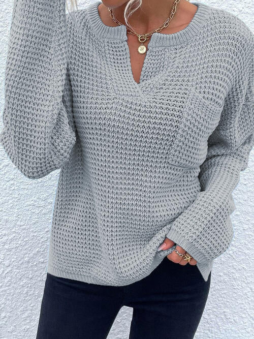 Notched Long Sleeve Sweater - SELFTRITSS   